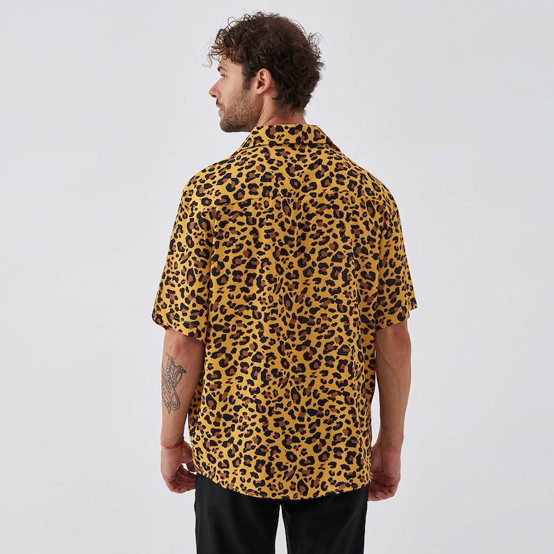Leopard Oversized Short Sleeve Shirt - Silk Fabric,Summer Clouthing, Stylish Shirt, Shirt for men, Elegant Short Sleeve Shirt, Handmade