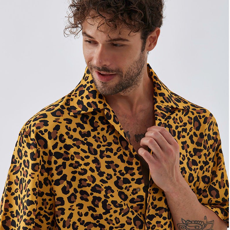Leopard Oversized Short Sleeve Shirt - Silk Fabric,Summer Clouthing, Stylish Shirt, Shirt for men, Elegant Short Sleeve Shirt, Handmade