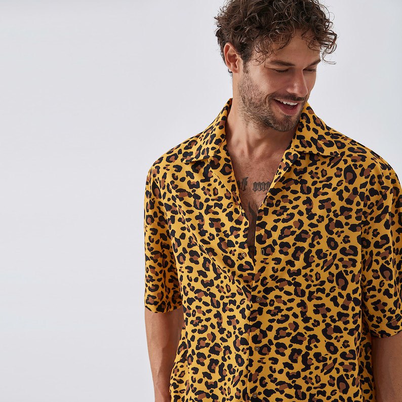 Leopard Oversized Short Sleeve Shirt - Silk Fabric,Summer Clouthing, Stylish Shirt, Shirt for men, Elegant Short Sleeve Shirt, Handmade