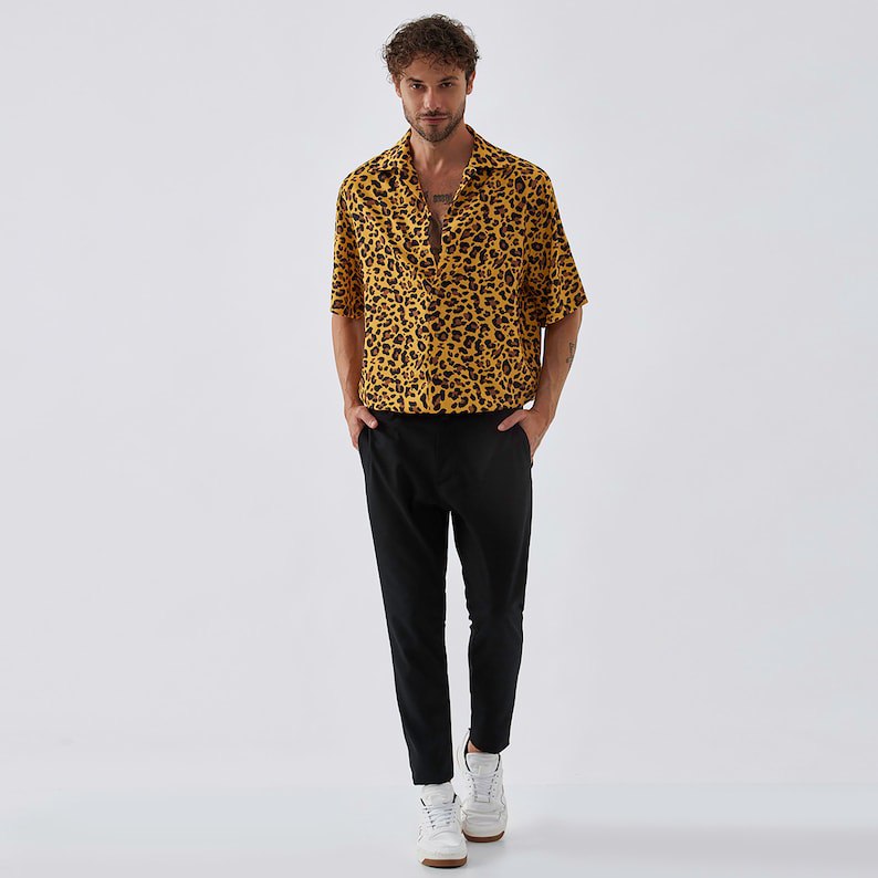 Leopard Oversized Short Sleeve Shirt - Silk Fabric,Summer Clouthing, Stylish Shirt, Shirt for men, Elegant Short Sleeve Shirt, Handmade