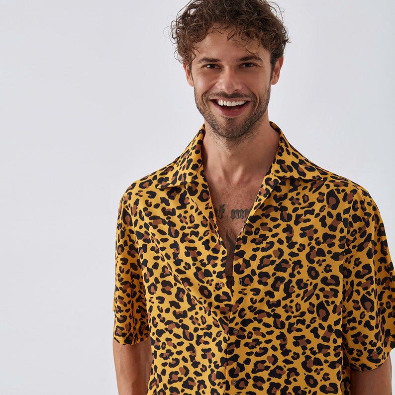 Leopard Oversized Short Sleeve Shirt - Silk Fabric,Summer Clouthing, Stylish Shirt, Shirt for men, Elegant Short Sleeve Shirt, Handmade